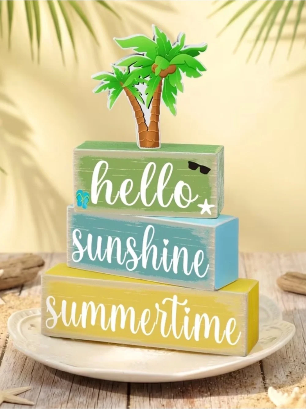 Hello Sunshine Summertime Decorative Wooden Stack - Green/Blue/Yellow